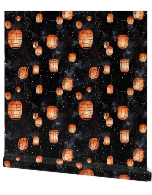 Small Orange Glowing Chinese Paper Lanterns Watercolor Wallpaper