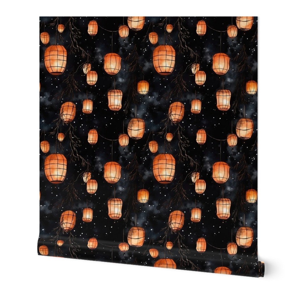 Small Orange Glowing Chinese Paper Lanterns Watercolor Wallpaper Small Orange Glowing Chinese Paper Lanterns Watercolor Wallpaper