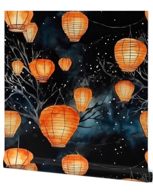 Orange Glowing Chinese Paper Lanterns Watercolor Wallpaper
