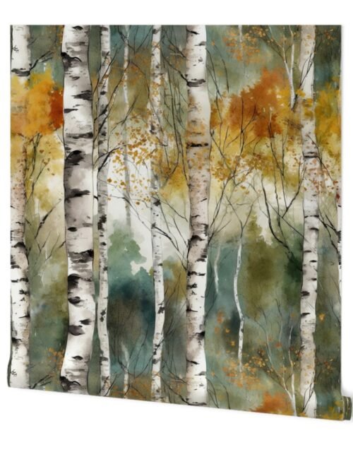 Endless Birch Tree Dreamscape Trees in Misty Forest Watercolor Wallpaper