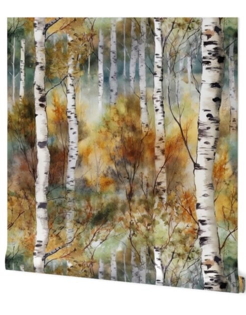 Endless Birch Tree Dreamscape Trees in Misty Forest Watercolor Wallpaper