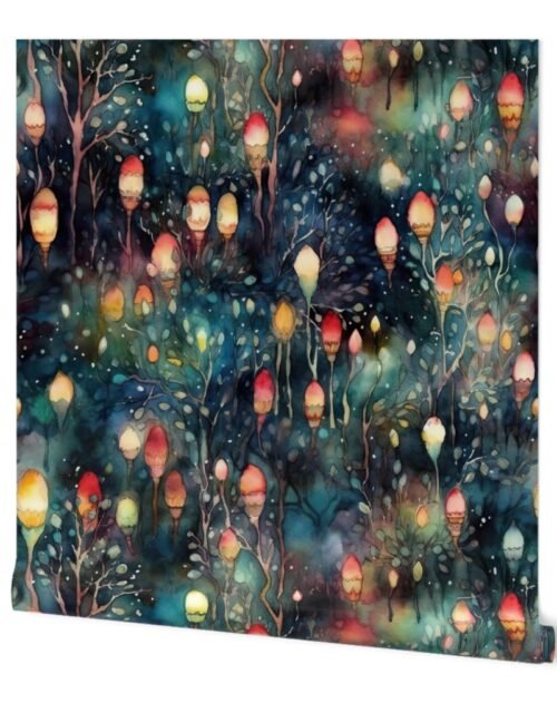 Watercolor Christmas Tree Farm with Christmas Lights Wallpaper