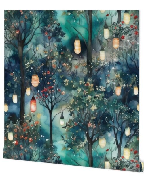 Watercolor Christmas Tree Farm with Christmas Lights Wallpaper