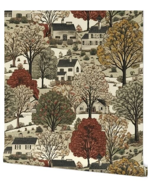 New England Village Houses with Trees in Muted Colors Wallpaper