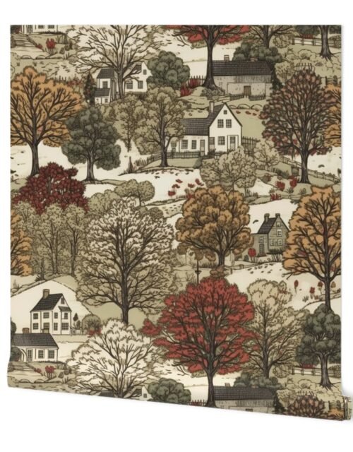 New England Village Houses with Trees in Muted Colors Wallpaper