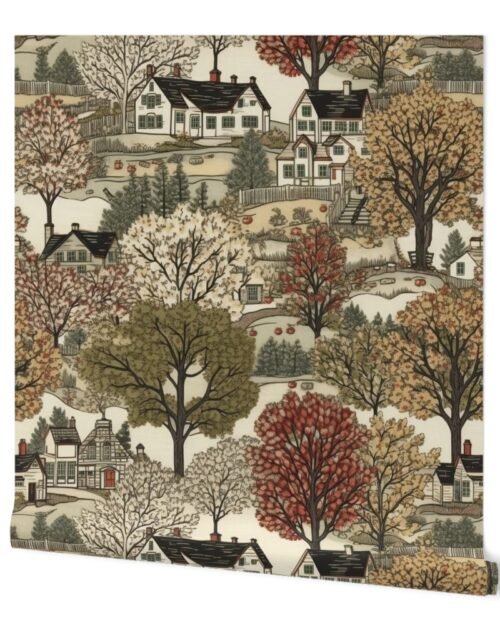 New England Village Houses with Trees in Muted Colors Wallpaper