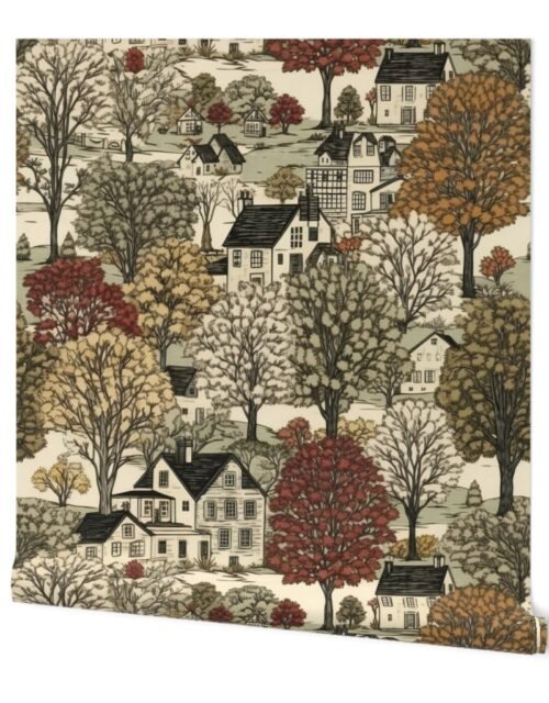 New England Village Houses with Trees in Muted Colors Wallpaper