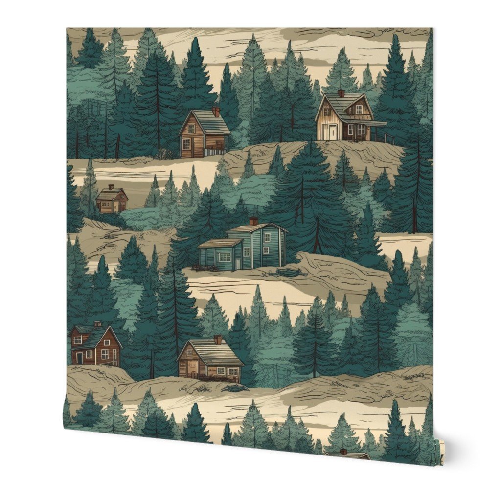 Montana Treescape Evergreens with Cabins Wallpaper Montana Treescape Evergreens with Cabins Wallpaper