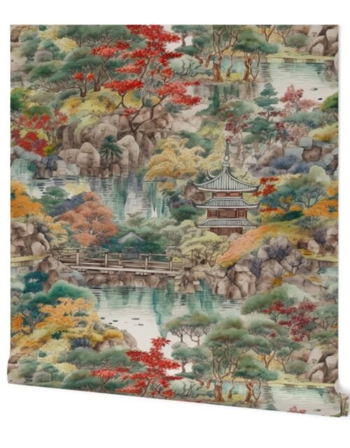 Japanese Water Garden Watercolor with Temples Wallpaper