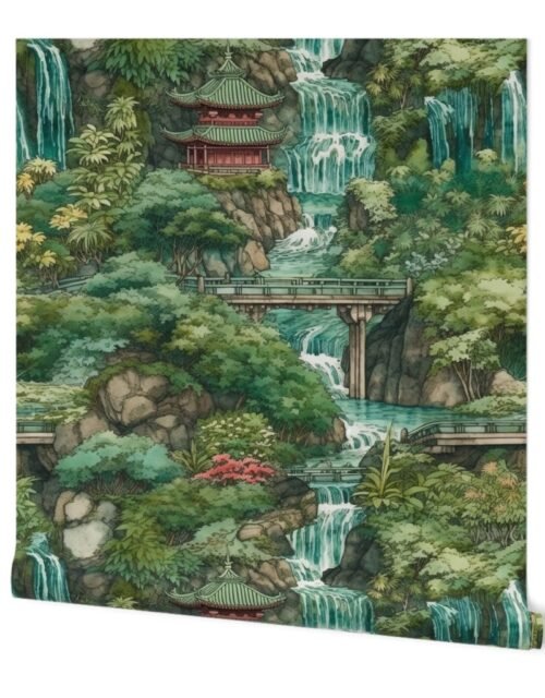 Japanese Water Garden with Waterfalls Wallpaper