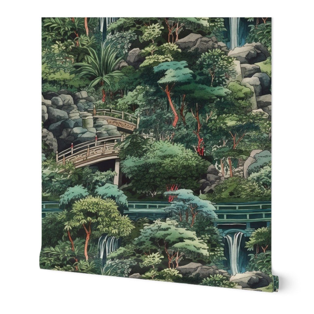 Japanese Water Garden with Bridges Wallpaper Japanese Water Garden with Bridges Wallpaper