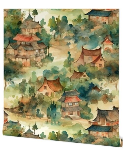 Chinese Village in Forest Watercolor Wallpaper