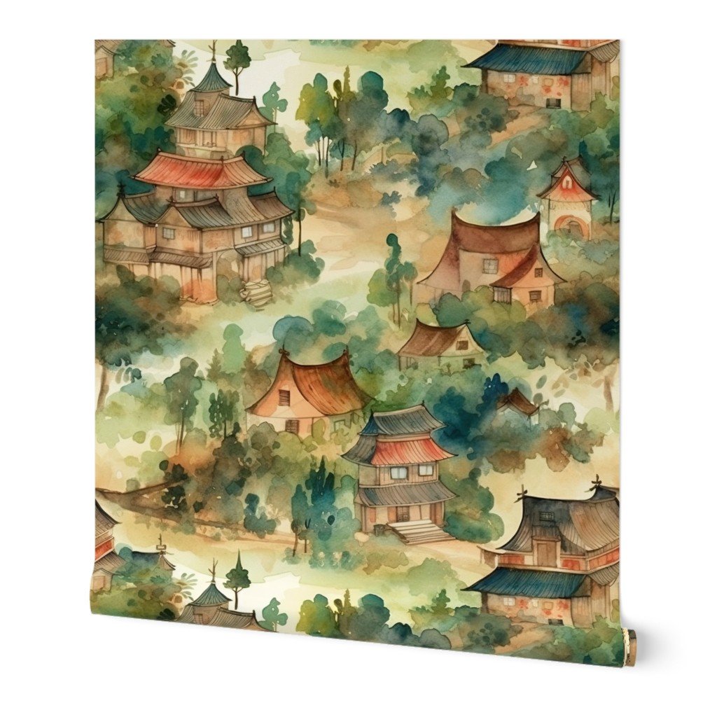 Chinese Village in Forest Watercolor Wallpaper Chinese Village in Forest Watercolor Wallpaper