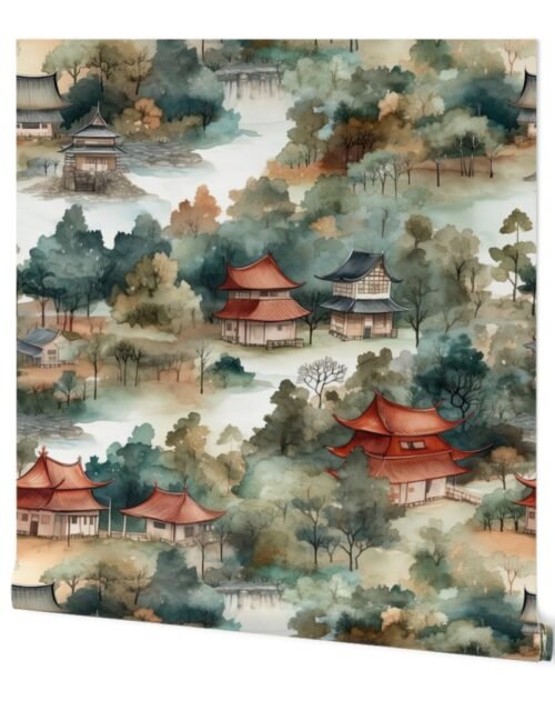 Chinese Village in Forest Watercolor Wallpaper