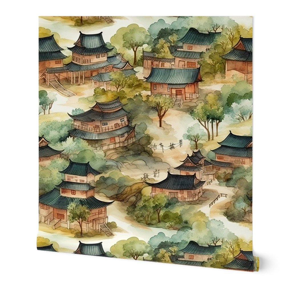 Chinese Village in Forest Watercolor Wallpaper Chinese Village in Forest Watercolor Wallpaper