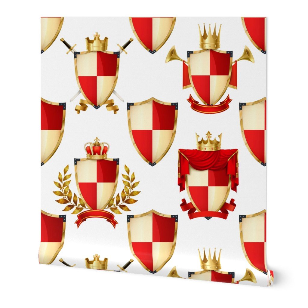 Heraldry Shields with Royal Crowns and Banners in Red on White Wallpaper Heraldry Shields with Royal Crowns and Banners in Red on White Wallpaper