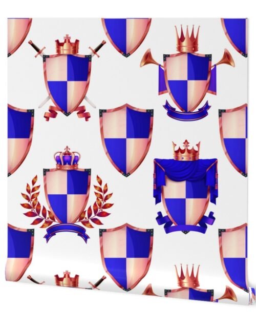 Heraldry Shields with Royal Crowns and Banners in Blue on White Wallpaper