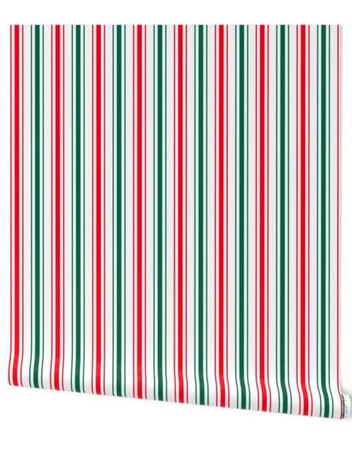 Red White and Green Christmas Ticking Stripe Wallpaper