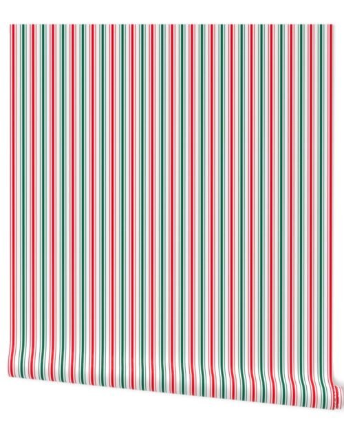 Small Red White and Green Christmas Ticking Stripe Wallpaper