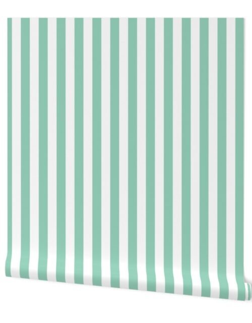 Merry Bright Mint Green and White Vertical 1 inch Beach Hut Stripe Wallpaper