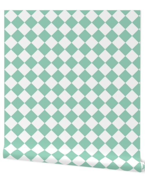 2 inch Diagonal Checkerboard Merry Bright Christmas Harlequin Pattern in Mint Green and White Diamond Checked Wallpaper
