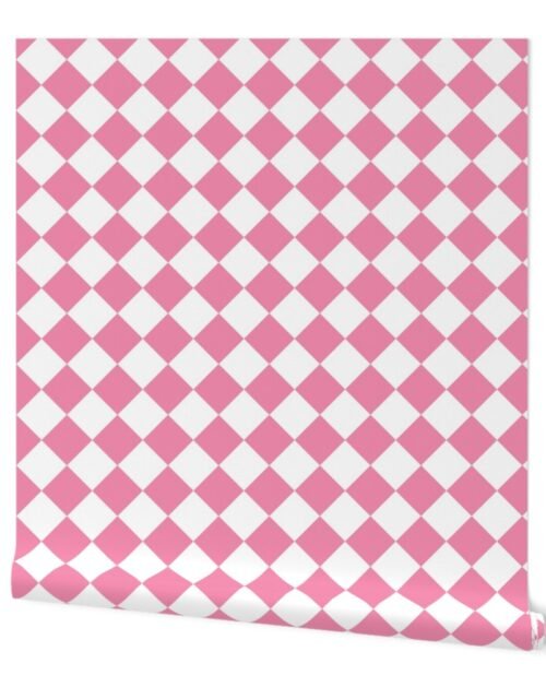 2 inch Diagonal Checkerboard Merry Bright Christmas Harlequin Pattern in Rose Pink and White Diamond Checked Wallpaper