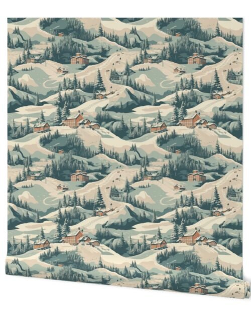 Small Vintage Ski Slope Cabins in Woods Blue Wallpaper