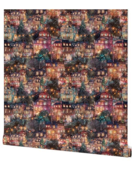London City Christmas at Midnight Street Watercolor Wallpaper