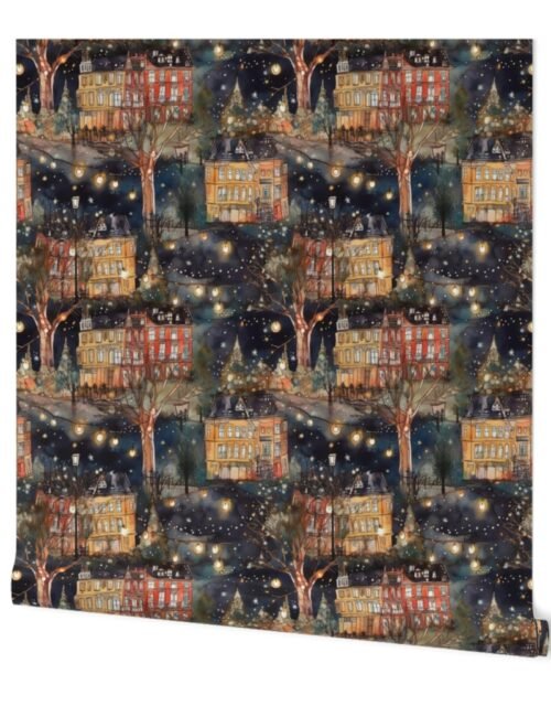 London City Christmas at Midnight Street Watercolor Wallpaper
