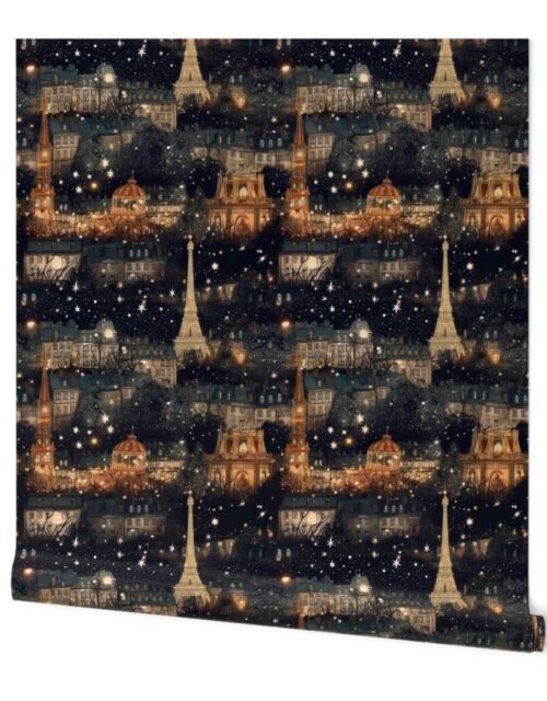 Paris City Christmas at Midnight Street Watercolor Wallpaper