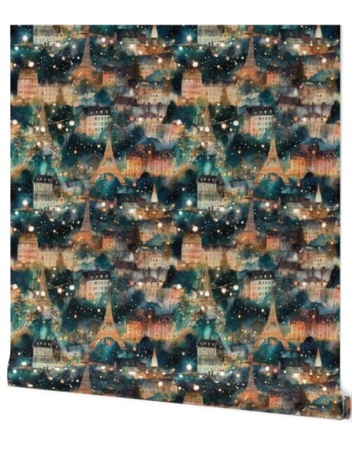 Paris City Christmas Street Watercolor in Teal Wallpaper