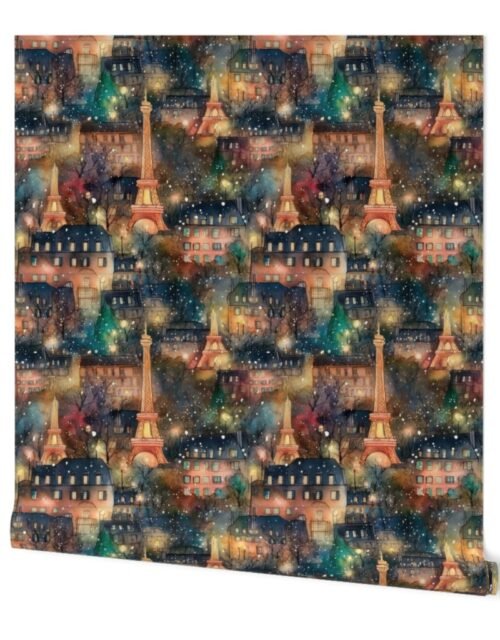 Paris City Christmas Street Watercolor in Multi Wallpaper