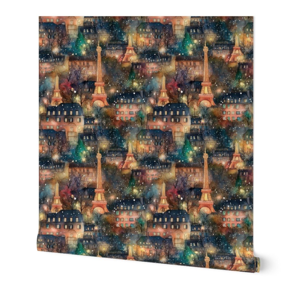 Paris City Christmas Street Watercolor in Multi Wallpaper Paris City Christmas Street Watercolor in Multi Wallpaper