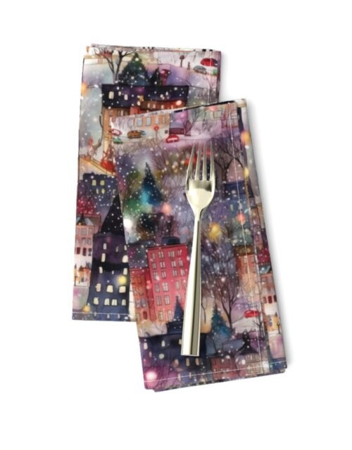 New York City Christmas Street Watercolor Dinner Napkins