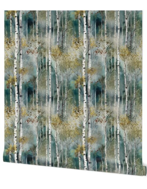Smaller Endless Birch Tree Dreamscape Trees in Misty Forest Watercolor Wallpaper