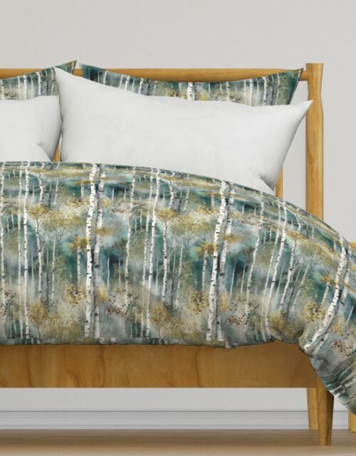 Smaller Endless Birch Tree Dreamscape Trees in Misty Forest Watercolor Duvet Cover