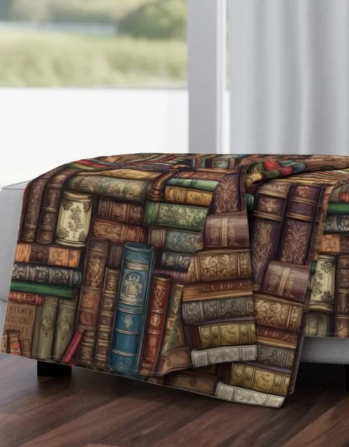Stacked Bound Vintage Books on Library Book Shelf Throw Blanket
