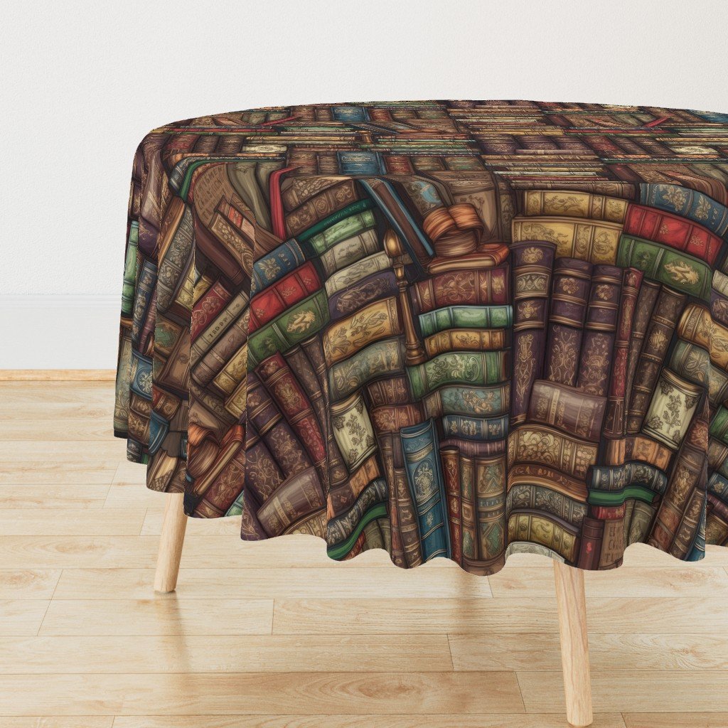 Stacked Bound Vintage Books on Library Book Shelf Round Tablecloth Stacked Bound Vintage Books on Library Book Shelf Round Tablecloth