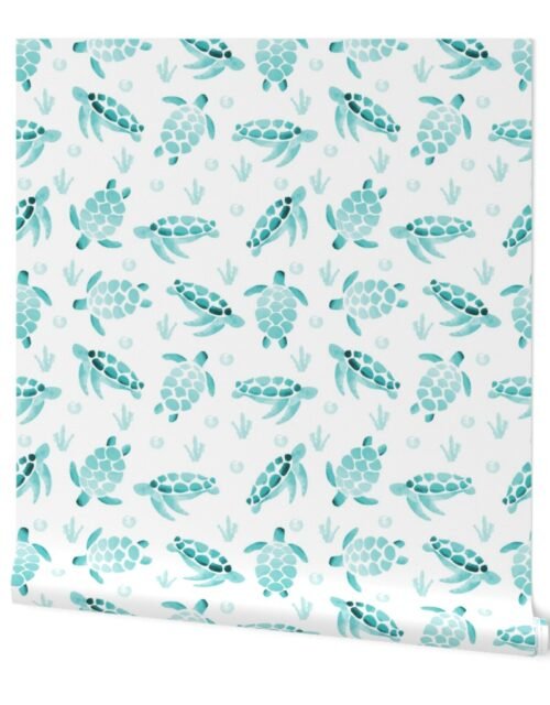 Aqua Ombre Watercolor Sea Turtle Print Wallpaper
