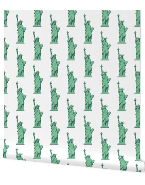 Small Lady Liberty Statues Repeat in Beguiling Green on White Wallpaper
