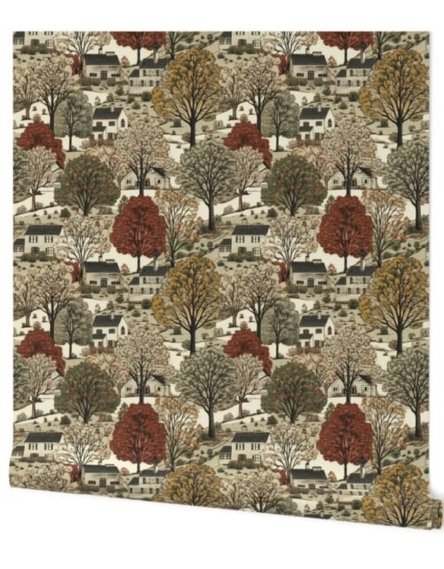 Small New England Village Houses with Trees in Muted Colors Wallpaper