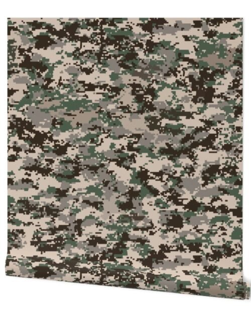 Digital Camouflage in Pixellated Swatches of Kkaki Beige, Olive Drab and Charcoal Grey Wallpaper