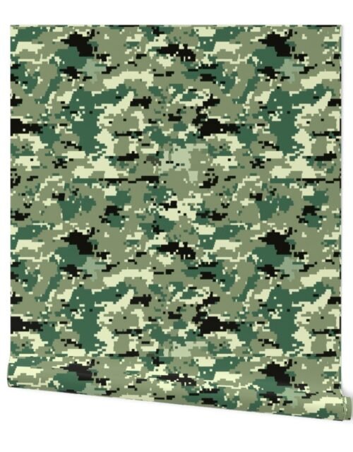 Digital Camouflage in Pixellated Swatches of Forest Green, Olive Drab and Black Wallpaper