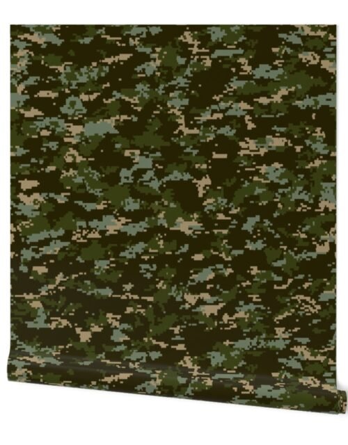 Digital Camouflage in Pixellated Swatches of Deep Forest Green, Olive Drab and Khaki Beige Wallpaper