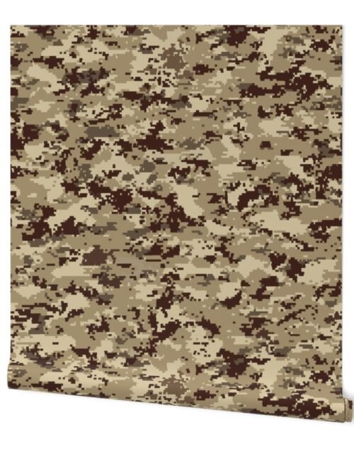 Digital Camouflage in Pixellated Swatches of Kkaki Beige, Clay Brown and Tan Wallpaper