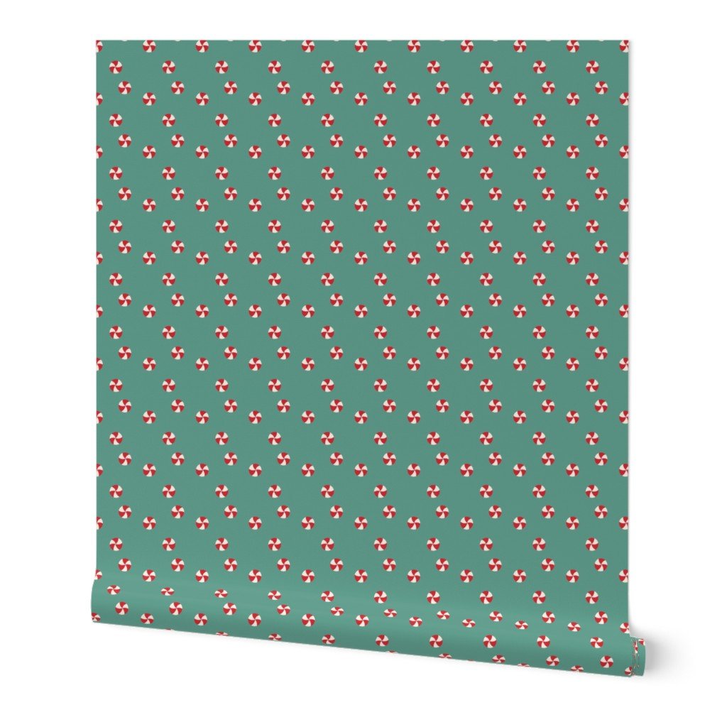 Peppermint Swirls in Red and White Scattered Randomly on on Green Wallpaper Peppermint Swirls in Red and White Scattered Randomly on on Green Wallpaper