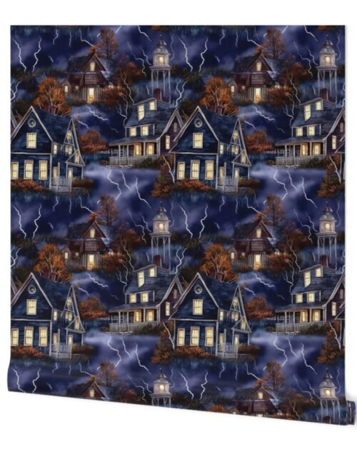 New England Haunted Village at Night with Lightning Storm Wallpaper