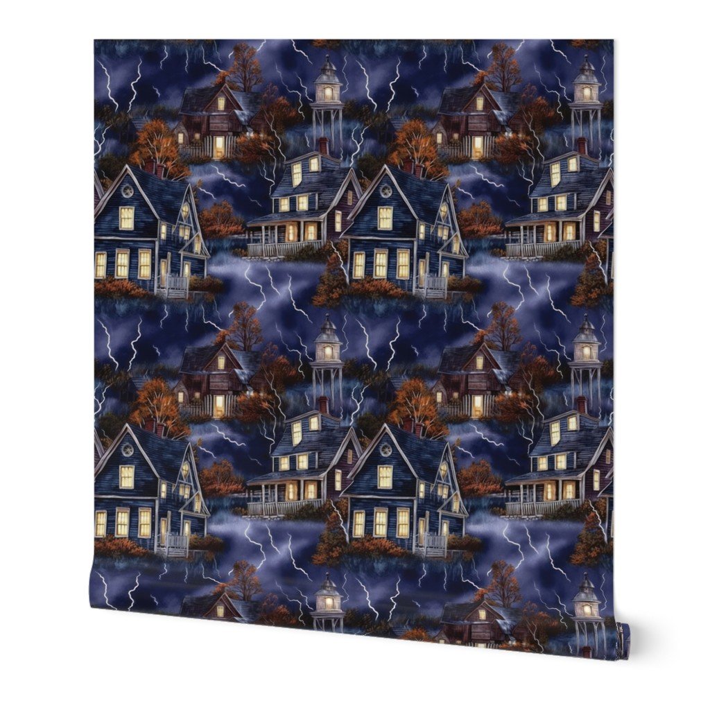 New England Haunted Village at Night with Lightning Storm Wallpaper New England Haunted Village at Night with Lightning Storm Wallpaper