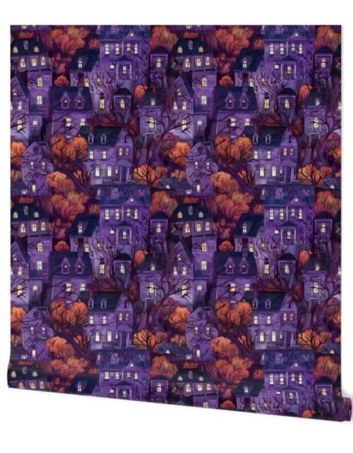 Bright Purple Haunted New England Village Watercolor Wallpaper