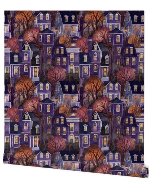 Bright Purple Haunted New England Village Watercolor Wallpaper